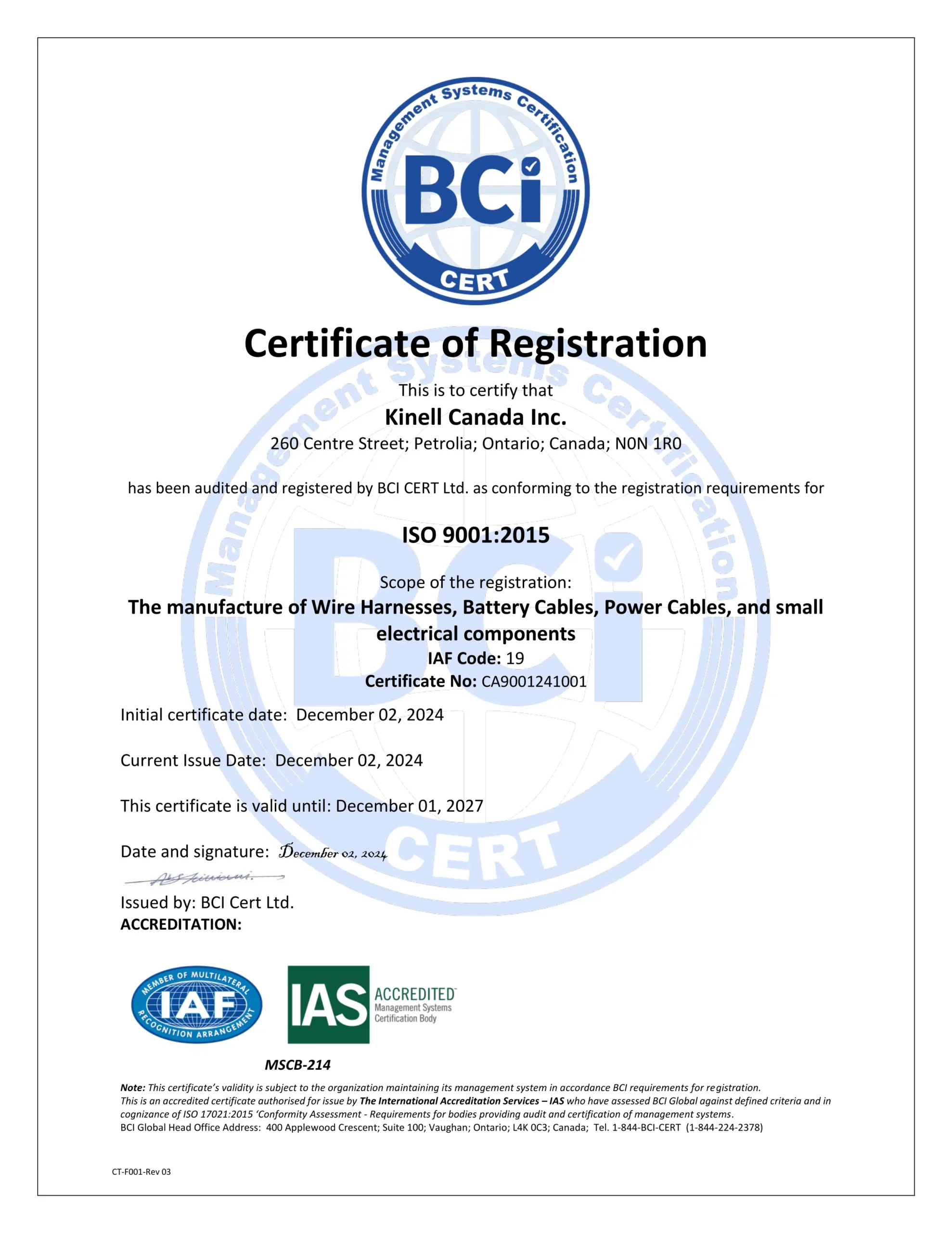 Kinell-ISO 9001 Certificate of Registration- Dec-2024
